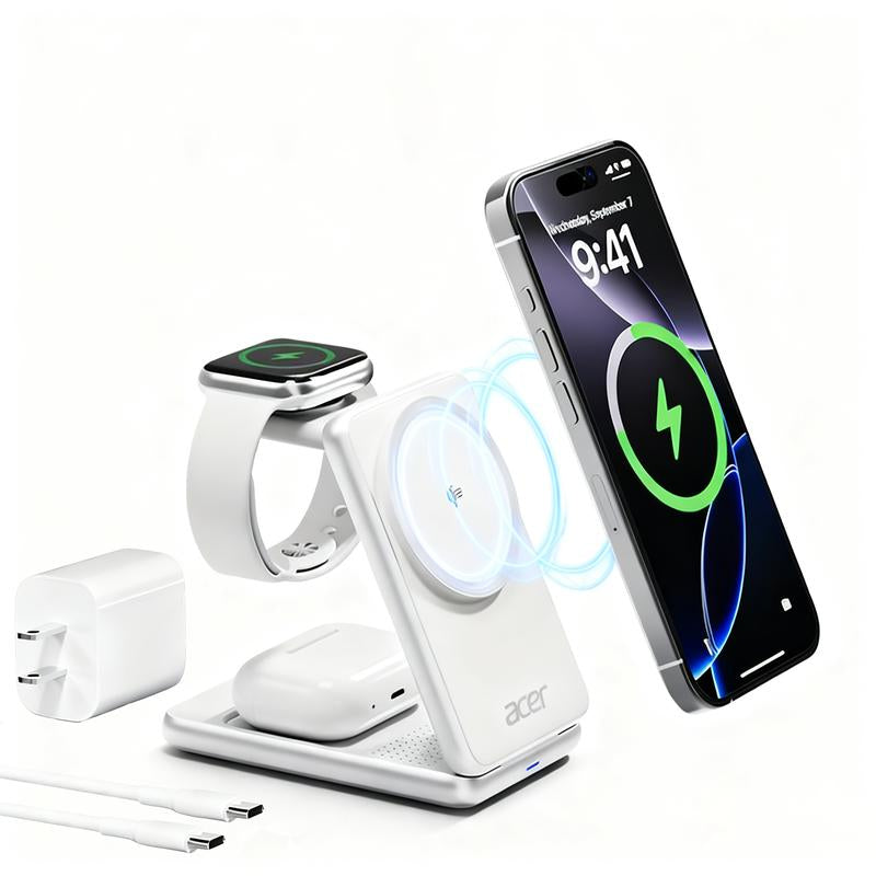Acer S3 3-In-1 Portable Pocket Wireless Charging Dock Compatible with Iphone 12-17, Apple Watch Series 2-10 SE Ultra, Airpods 2-4 Pro. Travel-Friendly and Pocket-Sized. Magnetic Travel Charging Station. Charger. Iphone-Specific. Organizer Stand