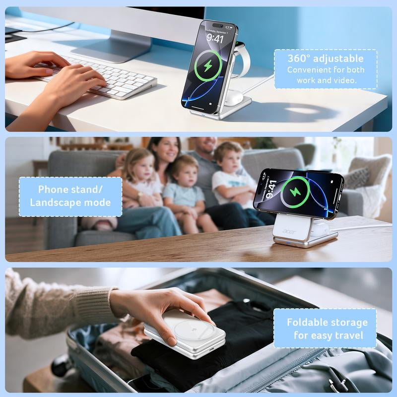 Acer S3 3-In-1 Portable Pocket Wireless Charging Dock Compatible with Iphone 12-17, Apple Watch Series 2-10 SE Ultra, Airpods 2-4 Pro. Travel-Friendly and Pocket-Sized. Magnetic Travel Charging Station. Charger. Iphone-Specific. Organizer Stand