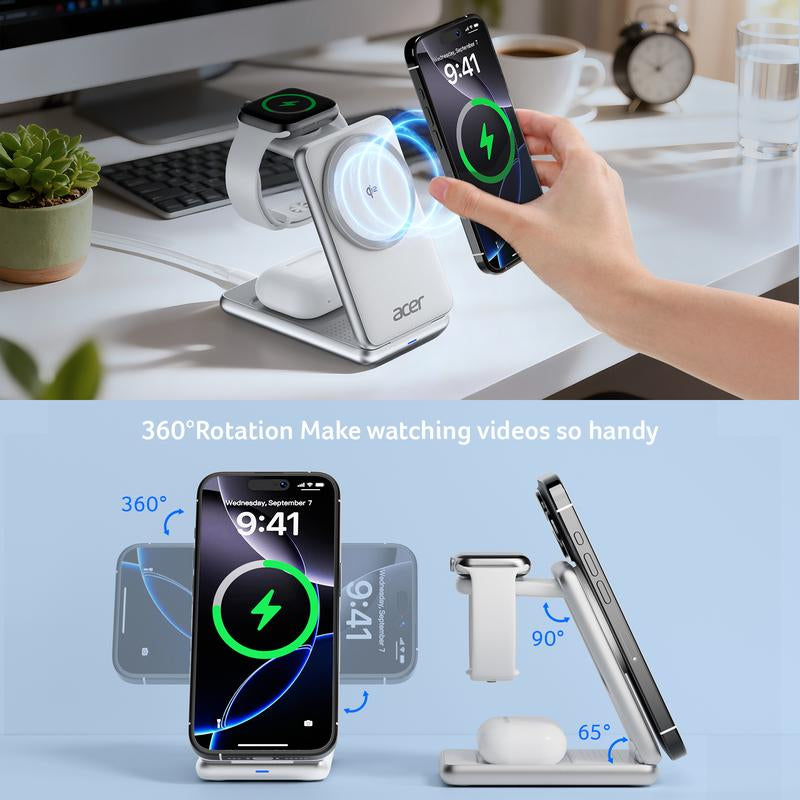Acer S3 3-In-1 Portable Pocket Wireless Charging Dock Compatible with Iphone 12-17, Apple Watch Series 2-10 SE Ultra, Airpods 2-4 Pro. Travel-Friendly and Pocket-Sized. Magnetic Travel Charging Station. Charger. Iphone-Specific. Organizer Stand