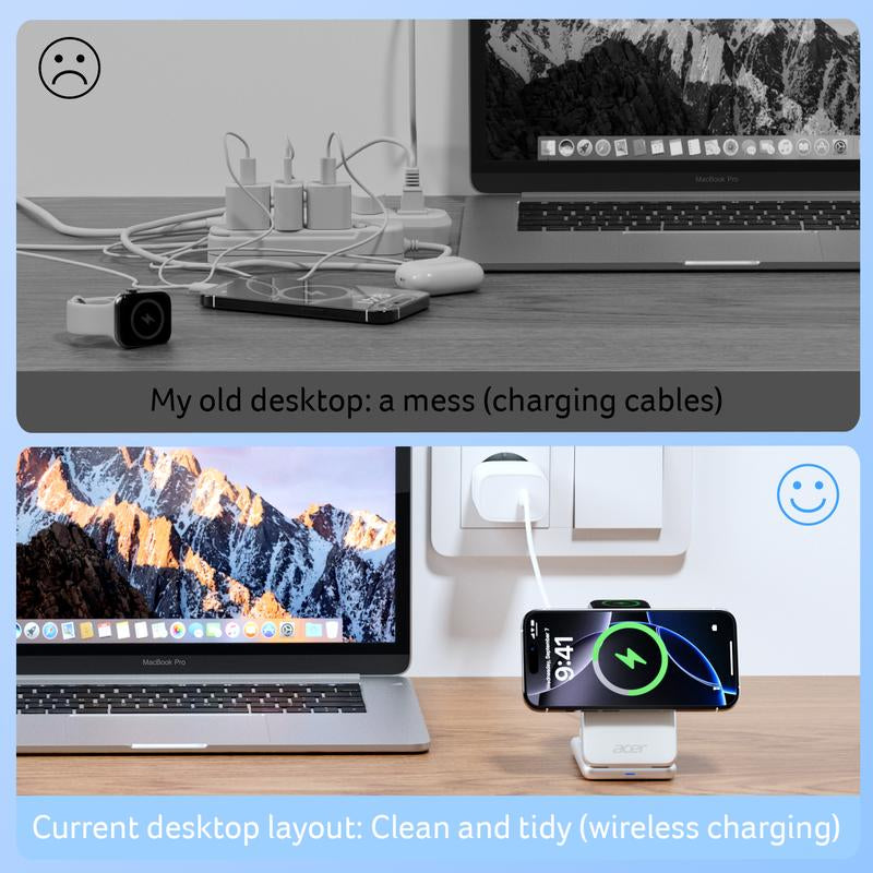 Acer S3 3-In-1 Portable Pocket Wireless Charging Dock Compatible with Iphone 12-17, Apple Watch Series 2-10 SE Ultra, Airpods 2-4 Pro. Travel-Friendly and Pocket-Sized. Magnetic Travel Charging Station. Charger. Iphone-Specific. Organizer Stand