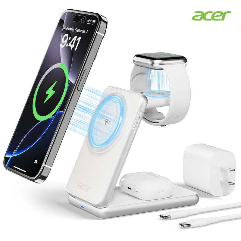Acer S3 3-In-1 Portable Pocket Wireless Charging Dock Compatible with Iphone 12-17, Apple Watch Series 2-10 SE Ultra, Airpods 2-4 Pro. Travel-Friendly and Pocket-Sized. Magnetic Travel Charging Station. Charger. Iphone-Specific. Organizer Stand