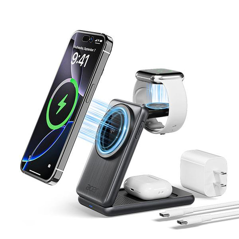 Acer S3 3-In-1 Portable Pocket Wireless Charging Dock Compatible with Iphone 12-17, Apple Watch Series 2-10 SE Ultra, Airpods 2-4 Pro. Travel-Friendly and Pocket-Sized. Magnetic Travel Charging Station. Charger. Iphone-Specific. Organizer Stand