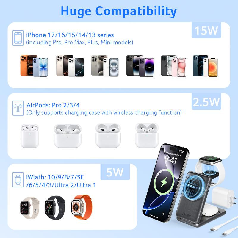 Acer S3 3-In-1 Portable Pocket Wireless Charging Dock Compatible with Iphone 12-17, Apple Watch Series 2-10 SE Ultra, Airpods 2-4 Pro. Travel-Friendly and Pocket-Sized. Magnetic Travel Charging Station. Charger. Iphone-Specific. Organizer Stand