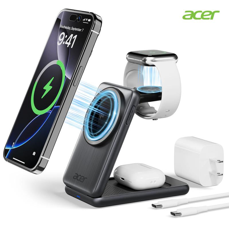 Acer S3 3-In-1 Portable Pocket Wireless Charging Dock Compatible with Iphone 12-17, Apple Watch Series 2-10 SE Ultra, Airpods 2-4 Pro. Travel-Friendly and Pocket-Sized. Magnetic Travel Charging Station. Charger. Iphone-Specific. Organizer Stand